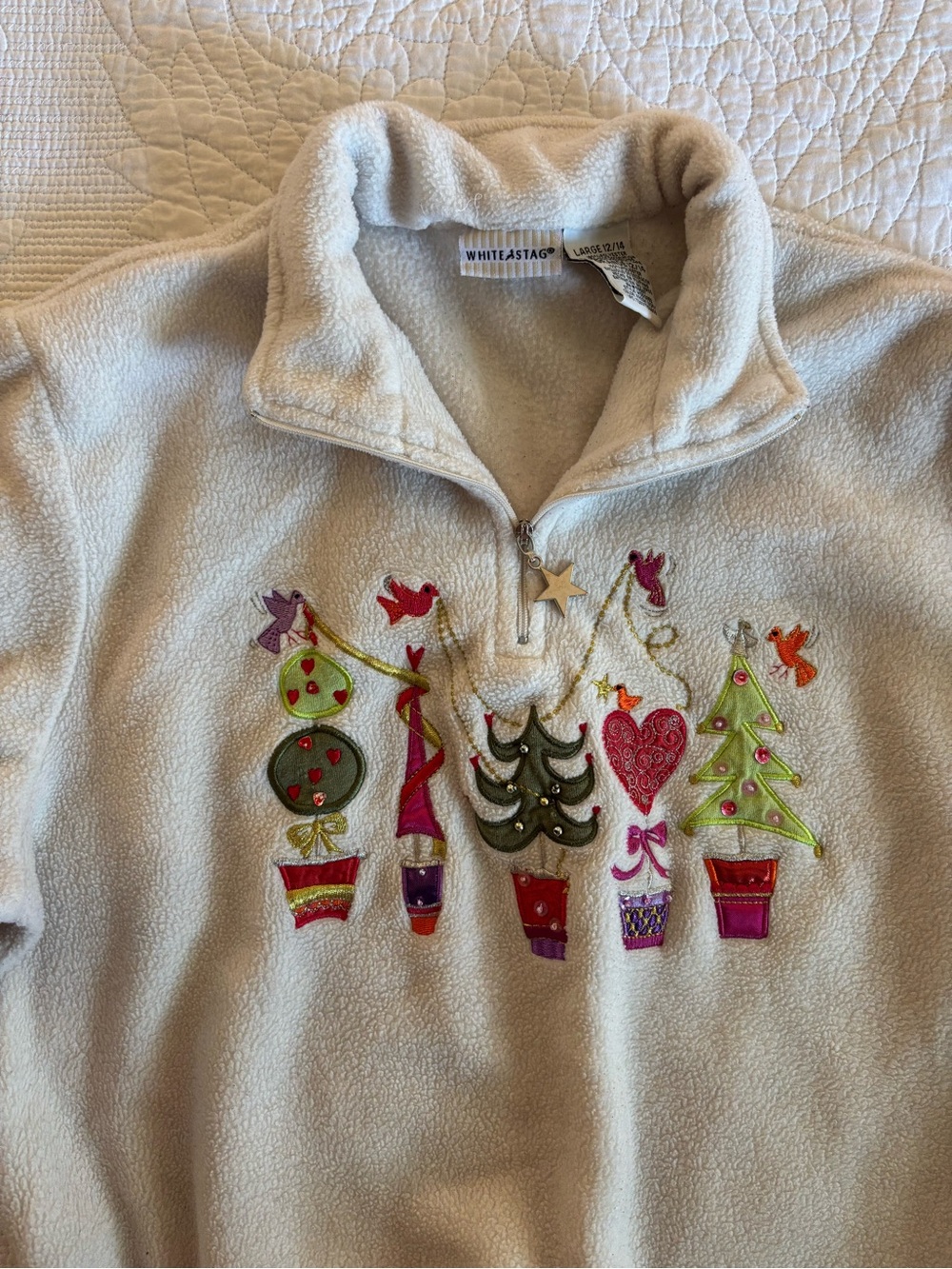 Vintage White Stag Cream Fleece Pullover with Festive Tree Embroidery - Picture 2 of 5